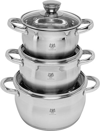 Набір каструль Karl Hausmann 3 шт. з нержавіючої сталі для індукційних та інших плит з кришкою з термостійкого скла та мірною шкалою