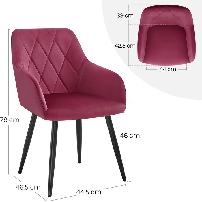 WOLTU Набір з 2 кухонних стільців з підлокітниками, для вітальні, кухні, їдальні. М'які стільці з оксамитовим покриттям, металеві ніжки, Бордовий колір