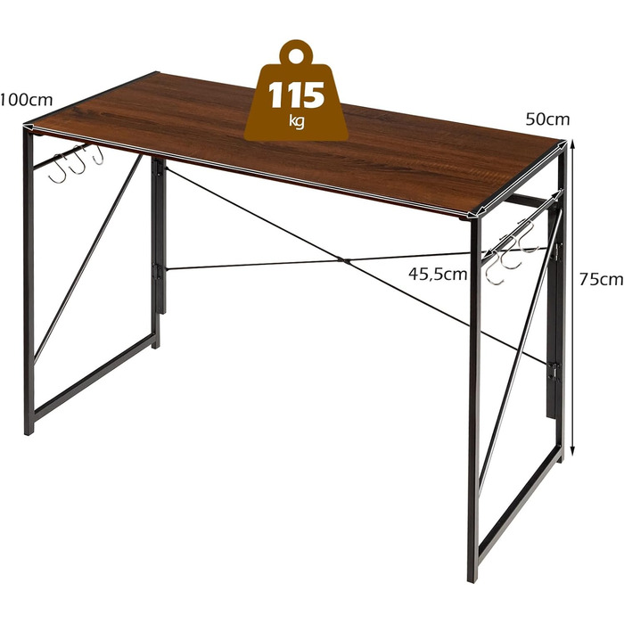 Складаний стіл COSTWAY, розкладний стіл 100 x 50 см з 6 гачками та металевим каркасом, компактний комп'ютерний стіл Промисловий робочий стіл для домашнього офісу, вантажопідйомність 115 кг (коричневий)