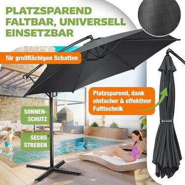 Парасолька від сонця KESSER Ø 350 см, підвісна модель з рукою-кранцем для тераси, балкона та саду, алюмінієвий стійкий каркас, UV-захист, водонепроникна та вітростійка, поворот на 360°, антрацит