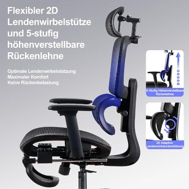 Ергономічне крісло для офісу з підніжкою та подушкою для шиї, 5-рівневе регулювання спинки, 2D підтримка попереку, 3D підлокітники/підголівник, функція нахилу 145°, сітчасте сидіння, гумові колеса (Чорний, Lite)