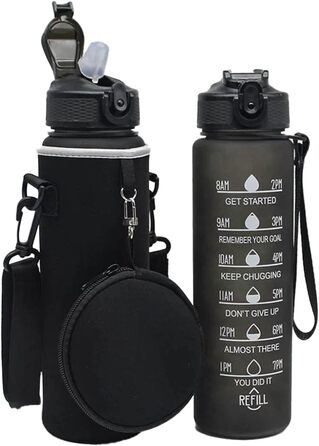 Пляшка для води об'ємом 1 л з позначкою часу з соломинкою та неопреновим рукавом, включаючи пакет I без бісфенолу А, поліпропіленовий матеріал (чорний), 2002