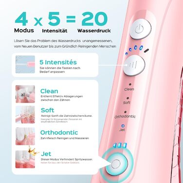 COSLUS Електрична душова насадка бездротова: 20 бар, IPX7, водонепроникна, 4 режими для гігієни порожнини рота, 5 інтенсивностей (Рожева)