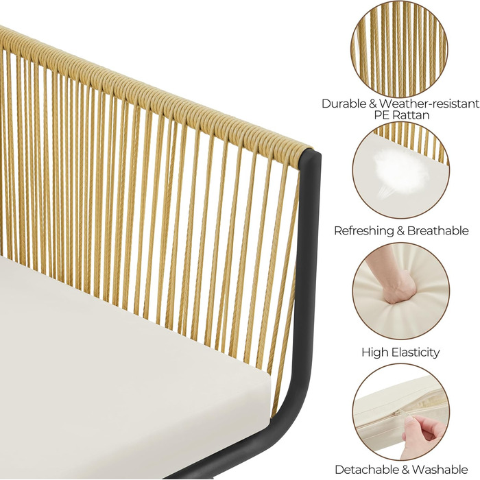 Набір садових меблів Yaheetech з ротангу для балкона: 2 крісла з подушками та стіл зі скляною стільницею, світло-коричневий/кремовий