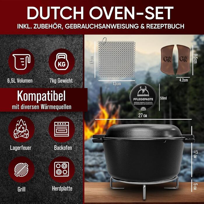 Нідерландський горщик 2в1 з чавуну 4.8L + сковорода з чавуну 1.8L - Набір нідерландського горщика з подвійною функцією - з кулінарною книгою та аксесуарами для барбекю, кемпінгу та кухні - 30 років гарантії (2в1 горщик + паста для догляду)