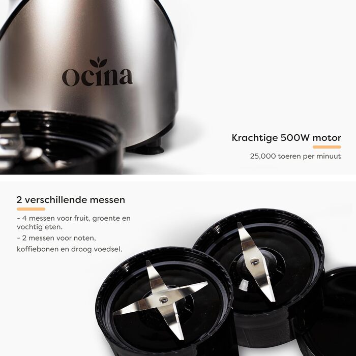 Міні-блендер Ocina - Смузі-мейкер - Блендер на винос - 500 Вт - Набір із 12 предметів - 4 чашки (матовий чорний) (сріблястий)