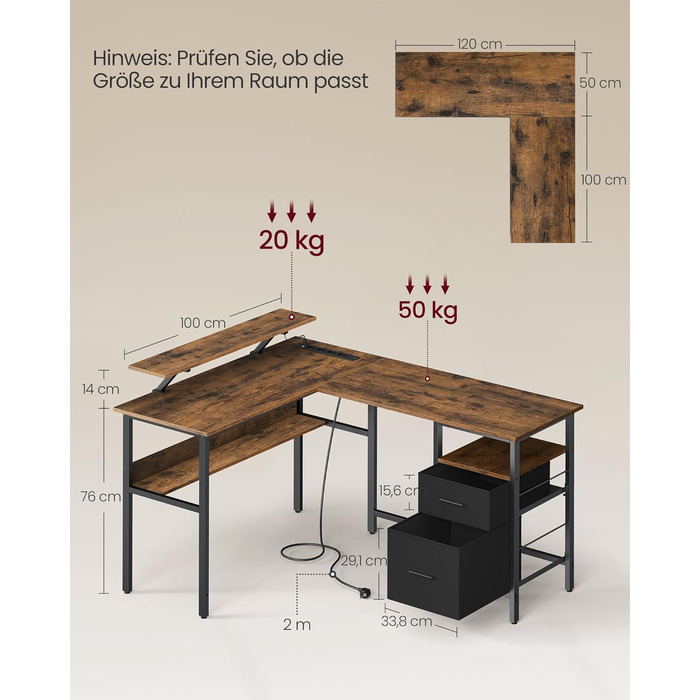 Комп'ютерний стіл VASAGLE L-подібний з розетками, LED-підсвічуванням та USB-портами, 150 x 120 x 76 см, для дому та офісу, вінтажний колір