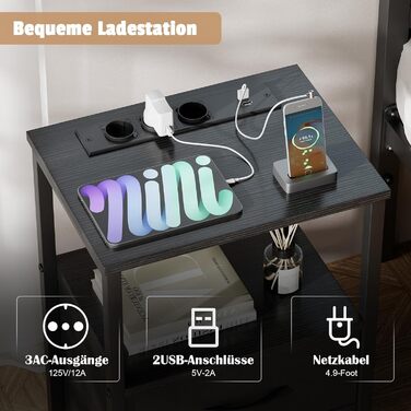 Нічний столик з LED-підсвіткою та функцією зарядки, з ящиком, 3 розетки AC та USB, для вітальні та спальні (40T x 30B x 60H cm, Чорний, 2 шт.)