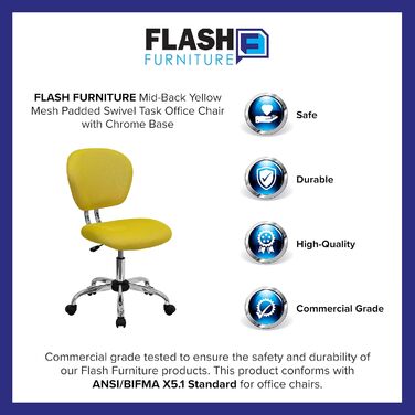 Офісне крісло Flash Furniture H-2376-F-WHT-GG, середня спинка, сітка, хромована основа, жовтий, без підлокітників