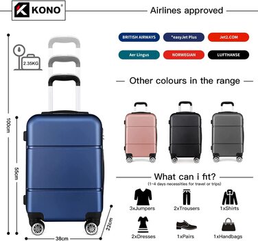 Валіза ручної поклажі KONO 55x38x22 см, 33 літри, ABS, Marineblau