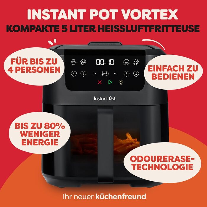 Фритюрниця повітряна Instant Pot Vortex Compact Trüffel Grau 5 л з сіткою, сімейна, 4-в-1 (смаження, сушка, випічка, підігрів), антипригарне покриття, легко миється, придатна для миття в посудомийній машині, колір: сірий