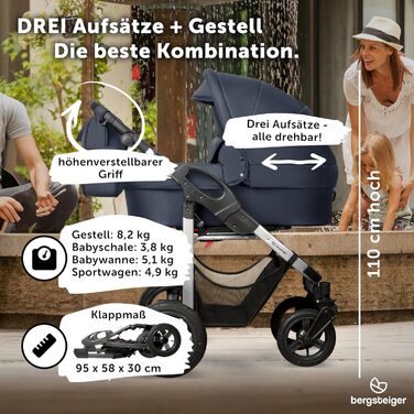 Дитяча коляска 3-в-1 Bergsteiger Capri з люлькою, автокріслом i-Size, повітряними колесами та амортизацією (синій/срібний)