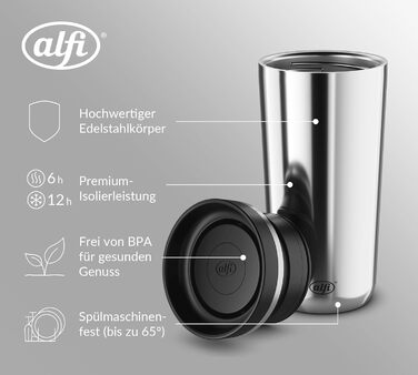 Термокружка Alfi ISO COFFEE MUG PRO: нержавіюча сталь, 0.38 л, для кави з собою, зберігає тепло 6 год, холод 12 год, BPA-free, миється в посудомийній машині