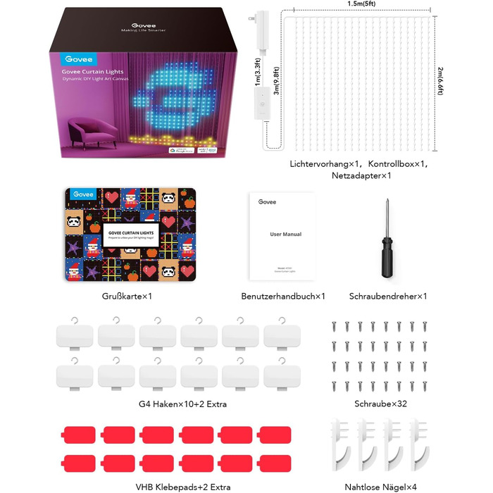 Штори Govee, 520 світлодіодів RGBIC, візерунок своїми руками, розумна штора, 86 режимів, IP65, сумісний з Alexa (1,52 м)