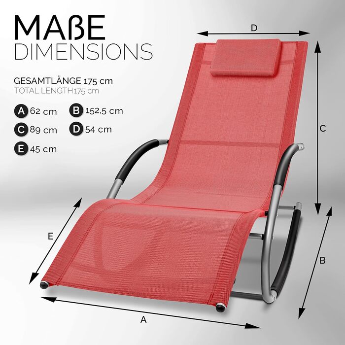 Шезлонг для відпочинку Tillvex Relaxliege: атмосферостійкий, з підлокітниками, навантаження до 150 кг, дихаючий матеріал (Антрацит/Сірий, Червоний)