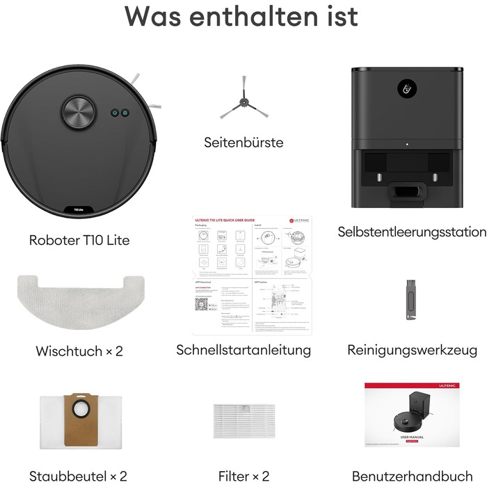 Робот-пилосос Ultenic T10 Lite з функцією миття, LiDAR-навігація, 5000Pa потужність всмоктування, 180 хвилин роботи, для шерсті тварин, килимів та твердих підлог