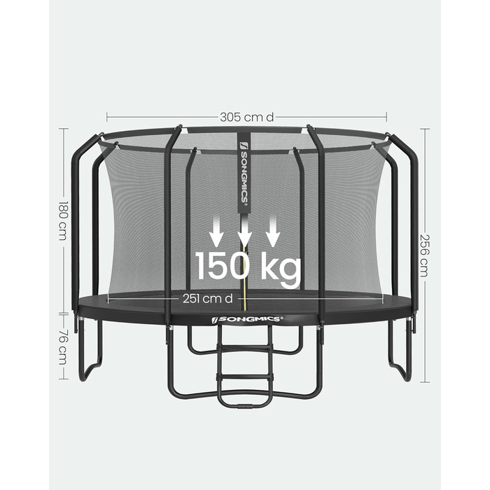 Батут SONGMICS для дітей вуличний Ø305 см з захисною сіткою та драбиною, чорний