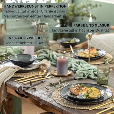 Набір посуду SÄNGER Teller Set Kopenhagen 24 шт. з кераміки для 8 осіб, сервіз включає тарілки для їжі, сніданку та супу, набір тарілок для обіду, стійкий до миття в посудомийній машині, зелений, сірий | PREMIUM COLLECTION 24 шт.