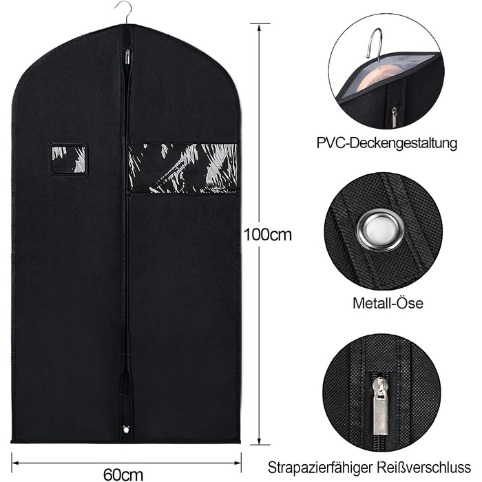 4 містка сумка для одягу 60x100 см, чохол для костюма, пилозахисні мішки для одягу, високоякісна сумка для транспортування костюмів, дихаюча сумка для костюмів для зберігання костюмів, жакетів та суконь, BOMEI PACK