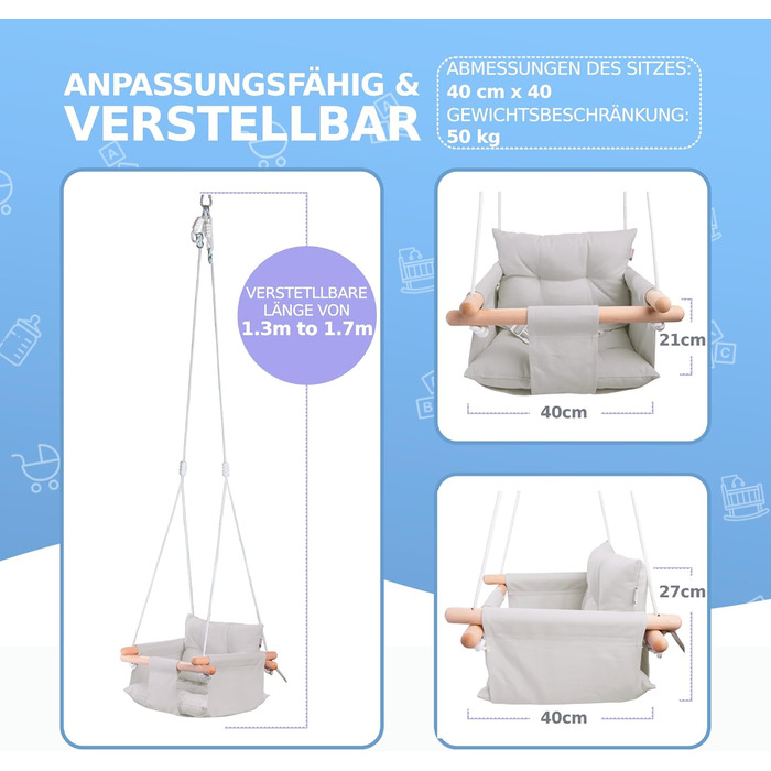 Дитяча гойдалка Cateam з дерева для дому та саду. Безпечна гойдалка для малюків від 12 місяців. Різні кольори, сірий.