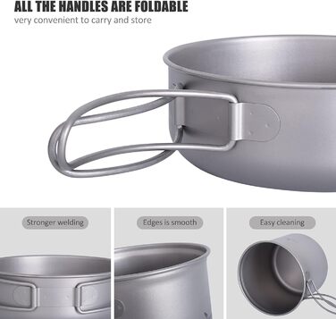 Набір посуду для кемпінгу iBasingo з титану: каструля та сковорода з складаним ручками. Легкий набір для приготування їжі на природі, туризму та пікніків. Модель Ti2052C