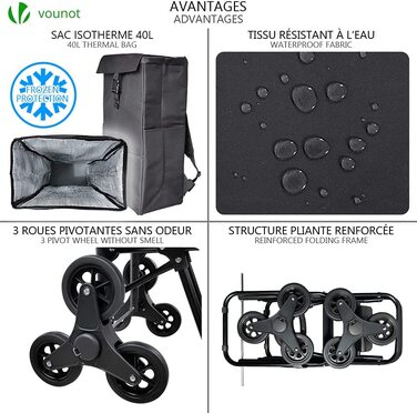 Алюмінієвий візок для покупок VOUNOT, складний візок для покупок Trolley, візок з 6 колесами і холодильним відділенням, водонепроникна, 50 л, Чорний (40 л)