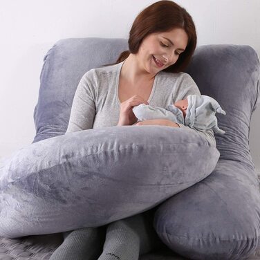 Подушка для вагітних SHANNA U-подібної форми XXL, велика подушка для годування, бічна подушка для сну, подушка для тіла U-подібної форми зі знімним і миється чохлом, подушка для вагітних 70 * 145 см (темно-сіра, оксамитова наволочка)