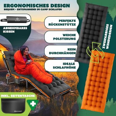 Розкладне кемпінгове ліжко KESSER з преміум-матрацом та подушкою, 190x68x30 см, до 250 кг, з кишенею та підстаканником, чорно-помаранчеве