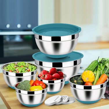 Набір місок Homikit з нержавіючої сталі, 6 шт. з тертками, кришками та силіконовим дном, 4.6L/2.8L/2.5L/1.6L/1.2L/0.7L, блакитний