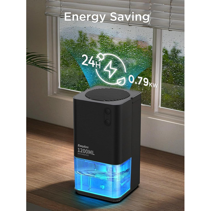 EasyAcc Електричний осушувач повітря 1200 мл, компактний, тихий, портативний, з автовимкненням та режимом сну. Ідеально для офісу та дому. Чорний колір.
