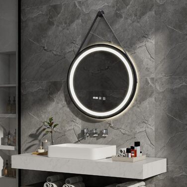 Дзеркало для ванної кімнати YOURLITE з підсвічуванням, 60 см, кругле, LED, 3 кольори, регулювання яскравості, сенсорний вимикач, антизапарник, пам'ять, IP44, чорний