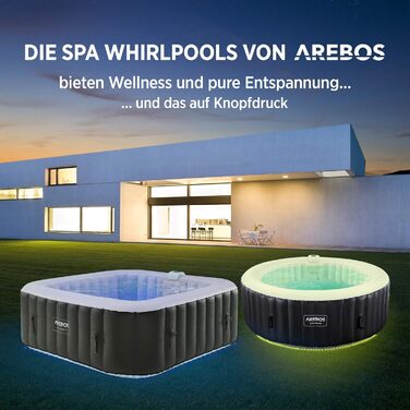 Надувний гідромасажний басейн-спа Arebos Spa Whirlpool 2400 Вт для 6 осіб, 185x185 см, 130 масажних форсунок, LED-підсвітка, 910 л, з кришкою