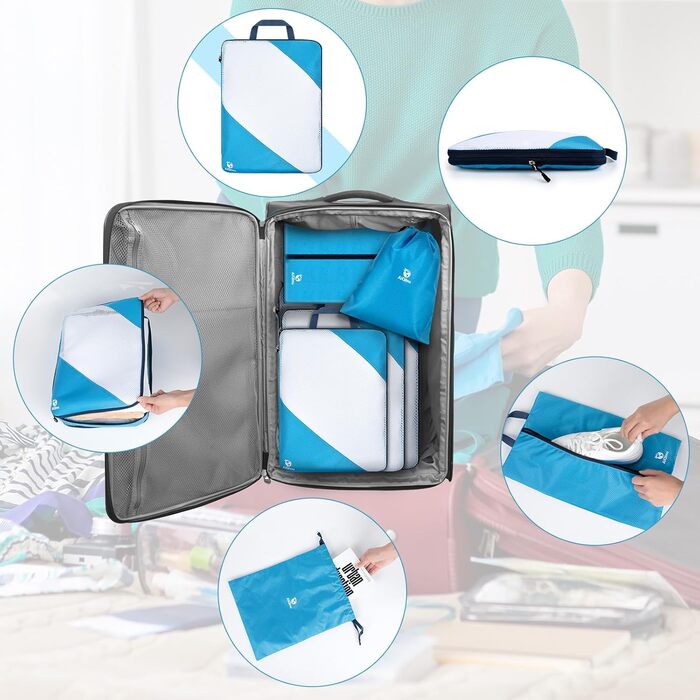 Набір компресійних органайзерів для одягу в подорожі AiQInu, 5 шт. (з мішком для прання та взуття), ультралегкі розширювані пакувальні куби для валізи та ручної поклажі, небесно-блакитний