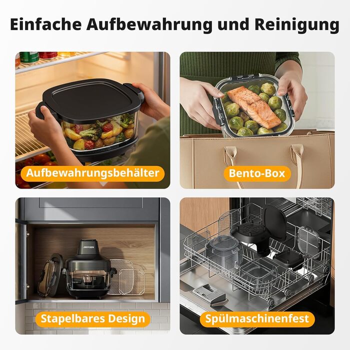 Фритюрниця повітряна AIRMSEN зі скляною чашею, 1500 Вт, 4.5L + 1.2L, 60–230 °C, 4 програми, знімна чаша, для мікрохвильовки та мийки посуду