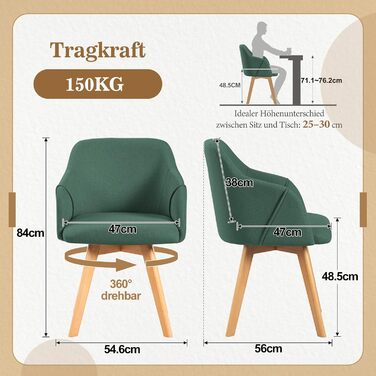 Обідні стільці Bekrvio 2 шт. з обертанням та підлокітниками – 360° стільці для обідньої кімнати, стільці до обіднього столу з тканини льон, дерев'яні ніжки з масиву бука, м'які жовті стільці для обідньої кімнати (2 шт., зелений льон)