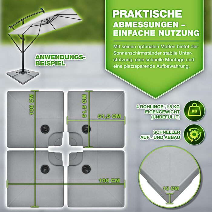 Сонцезахисний стійка Tillvex® 90 літрів / 120 кг – 4 частини для парасольки, з металевим з'єднувачем | Заповнюється водою або піском | Стійка для парасольки Tillvex® вологостійка (Сірий)