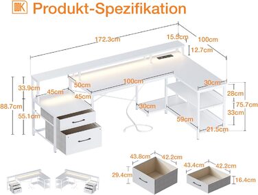 Письмовий стіл ODK L-подібний з розетками, USB, LED, ящик для файлів, полиці, 172,5100 см, білий