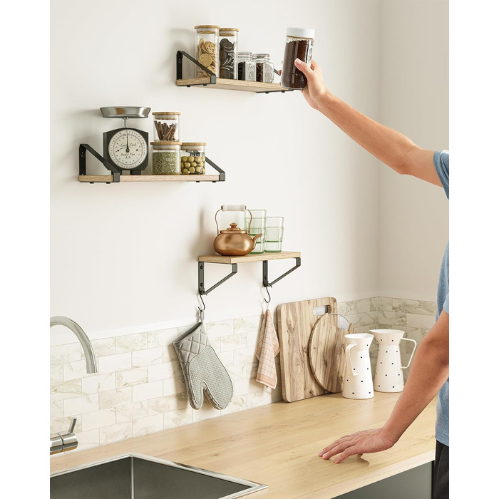 Настінна полиця VASAGLE, комплект з 6 шт., полиці-дошки, 2 способи монтажу, 30/35/40 см, для вітальні, кухні, кабінету, ванної кімнати, вінтажний коричневий + матовий чорний