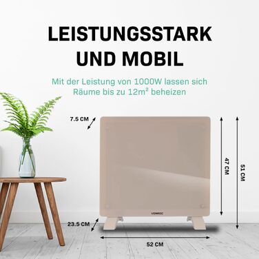 Електричний конвекторний обігрівач VONROC - 1000W, для кімнат до 24м², настінний/підлоговий монтаж, ручне/APP керування, білий