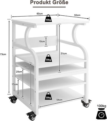 Регульований стіл для принтера PUNCIA з 3 ящиками, 60 x 50 см, на коліщатках, з дерева та металу, білий