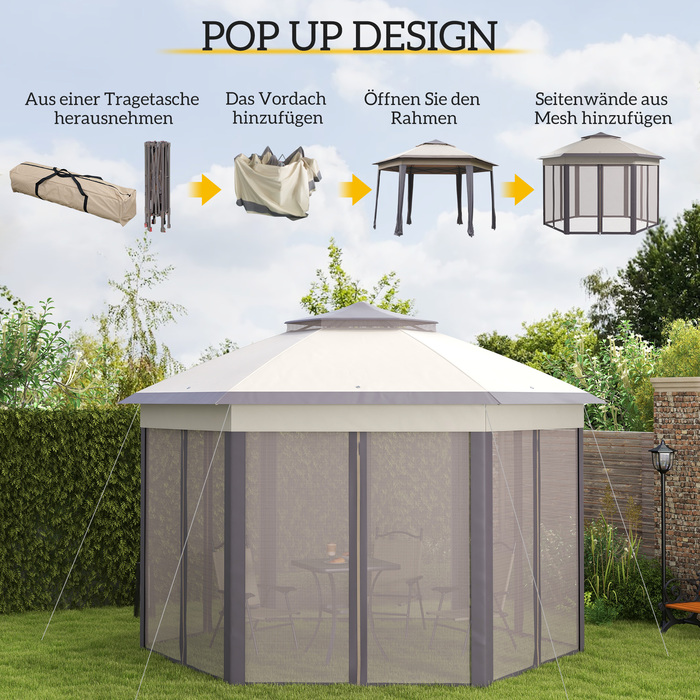 Альтанка Outsunny Garden Folding Gazebo 4x4 м Pop Up Tent Party Tent з сумкою для перенесення та 6 бічними панелями, подвійний навіс шестикутний у кавовому та бежевому кольорах