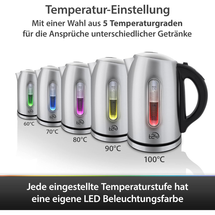 Чайник T24 1,7 л, 2200 Вт, зміна кольору світлодіода, налаштування температури, фільтр від накипу, нержавіюча сталь
