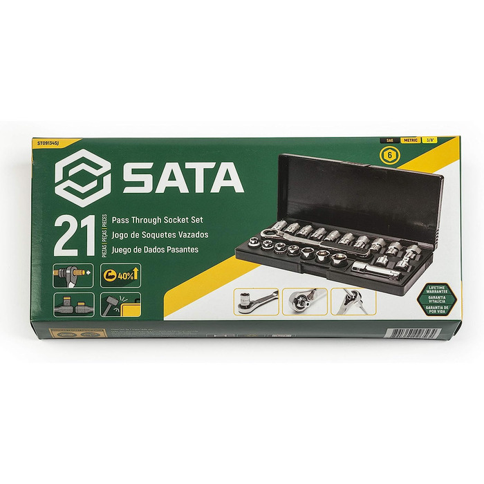 Набір торцевих ключів SATA ST09134SJ, привід 3/8 дюйма, метричний/SAE, полірований, 10 мм - 19 мм 3/8 дюйма - 3/4 дюйма, у футлярі для видувного формування, 2 0,95 см (3/8 дюйма) мм / SAE