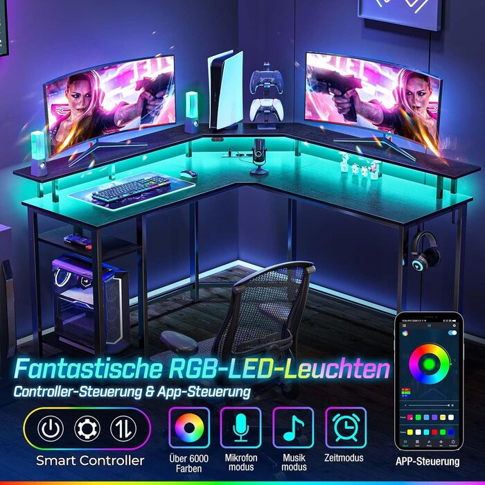Роланстар Кутовий стіл L-подібної форми з LED-підсвічуванням та розетками, 135 см, стіл для комп'ютера з підставкою для монітора та полицею, реверсивний кутовий стіл з 2 гачками, ідеально підходить для робочого кабінету, спальні, офісу, 134,5 x 134,5 x 86