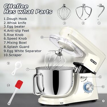 Кухонна машина Cheflee 2000W: потужна планетарна міксер для тіста та збивання, 6 швидкостей, 7.2 л чаша з нержавіючої сталі, гак для тіста та вінчик, захист від бризок (Cream White)