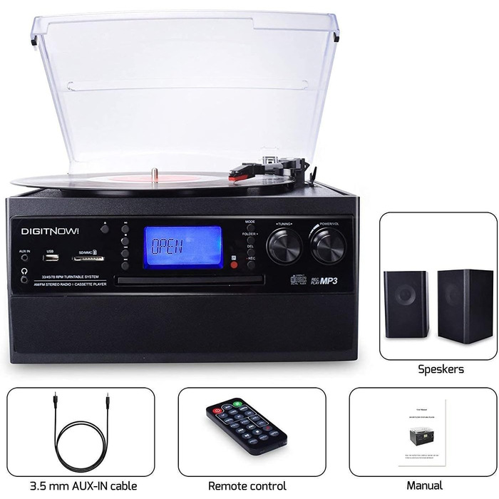 Програвач вінілу з Bluetooth, USB, функцією кодування, CD-програвачем, FM-радіо та касетою, 3 швидкості (33/45/78 об/хв), вбудовані динаміки, мультиколір