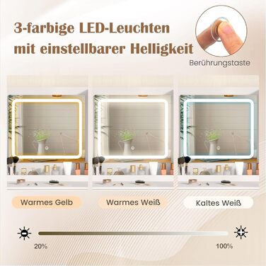 Тумбочка для макіяжу з LED-підсвічуванням COSTWAY, туалетний столик з зарядкою, дзеркало, пуф, 3 ящики, місце для фену, білий + золотий