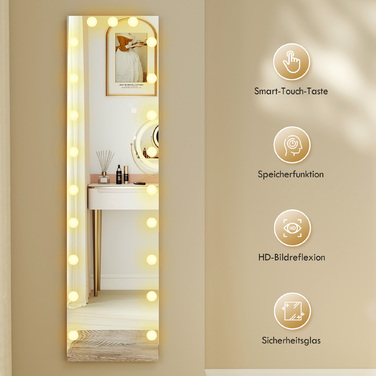 Дзеркало у повний зріст 150x40 см з RGB-підсвіткою LED, настінне/підлогове, з 21 лампочкою, 7 кольорів підсвітки, сенсорне керування, функція пам'яті.