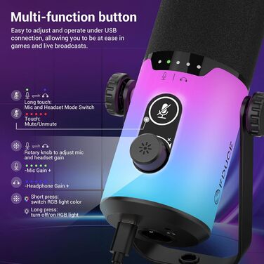 USB/XLR мікрофон для геймінгу та запису голосу FDUCE з RGB підсвічуванням, регулятором посилення та навушником.