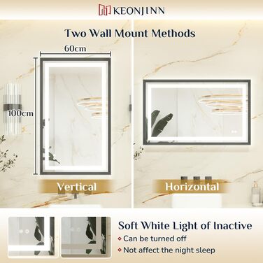 Дзеркало для ванної кімнати Keonjinn з підсвічуванням, металевий каркас 50x70 см, антизапар, LED, сенсорне керування, 3 кольори світла, диммування, пам'ять, настінне дзеркало (Чорний, 60 x 100 см)